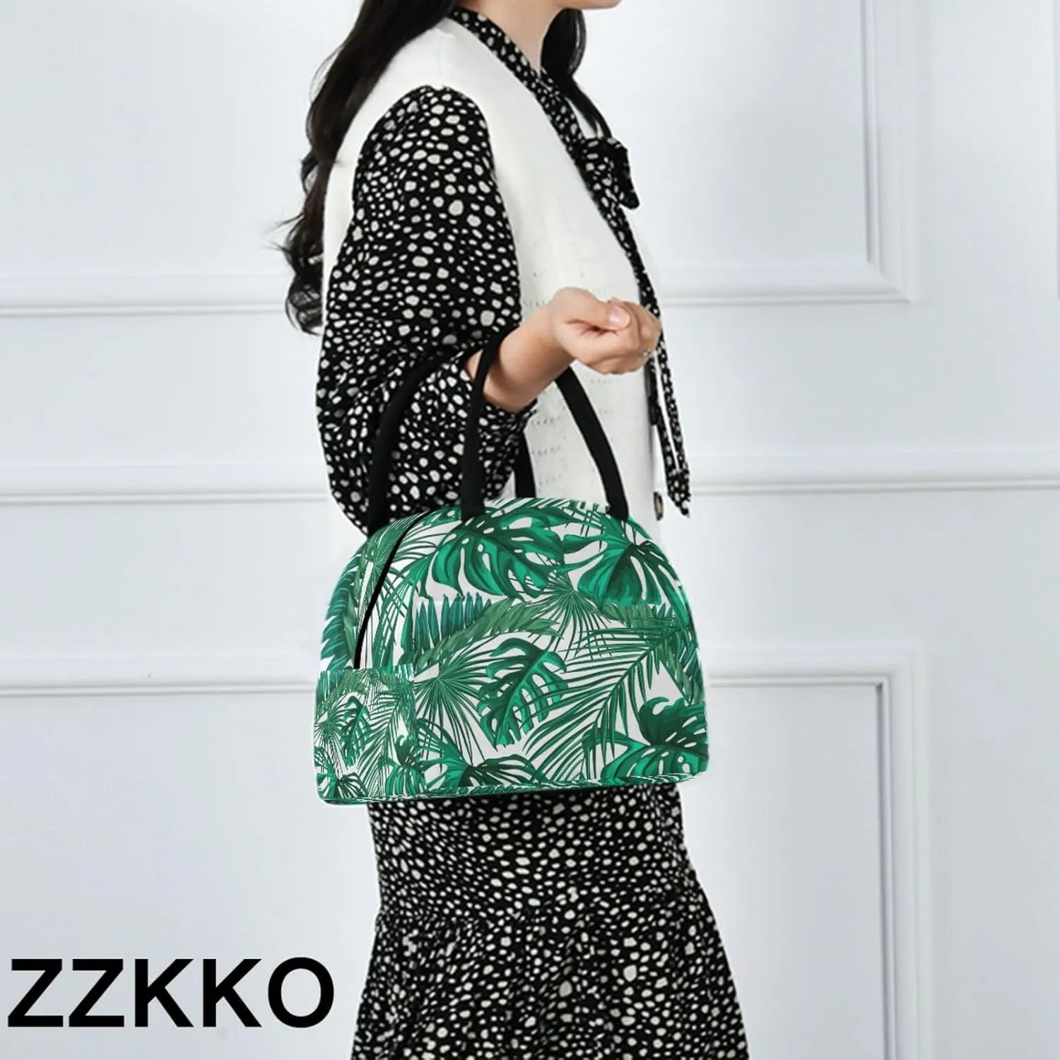 ZZKKO Green Palm Leaf Lunch Bag Box Tote Organizer Lunch Container Insulated Zipper Meal Prep Cooler Handbag For Women Men Home School Office Outdoor Use