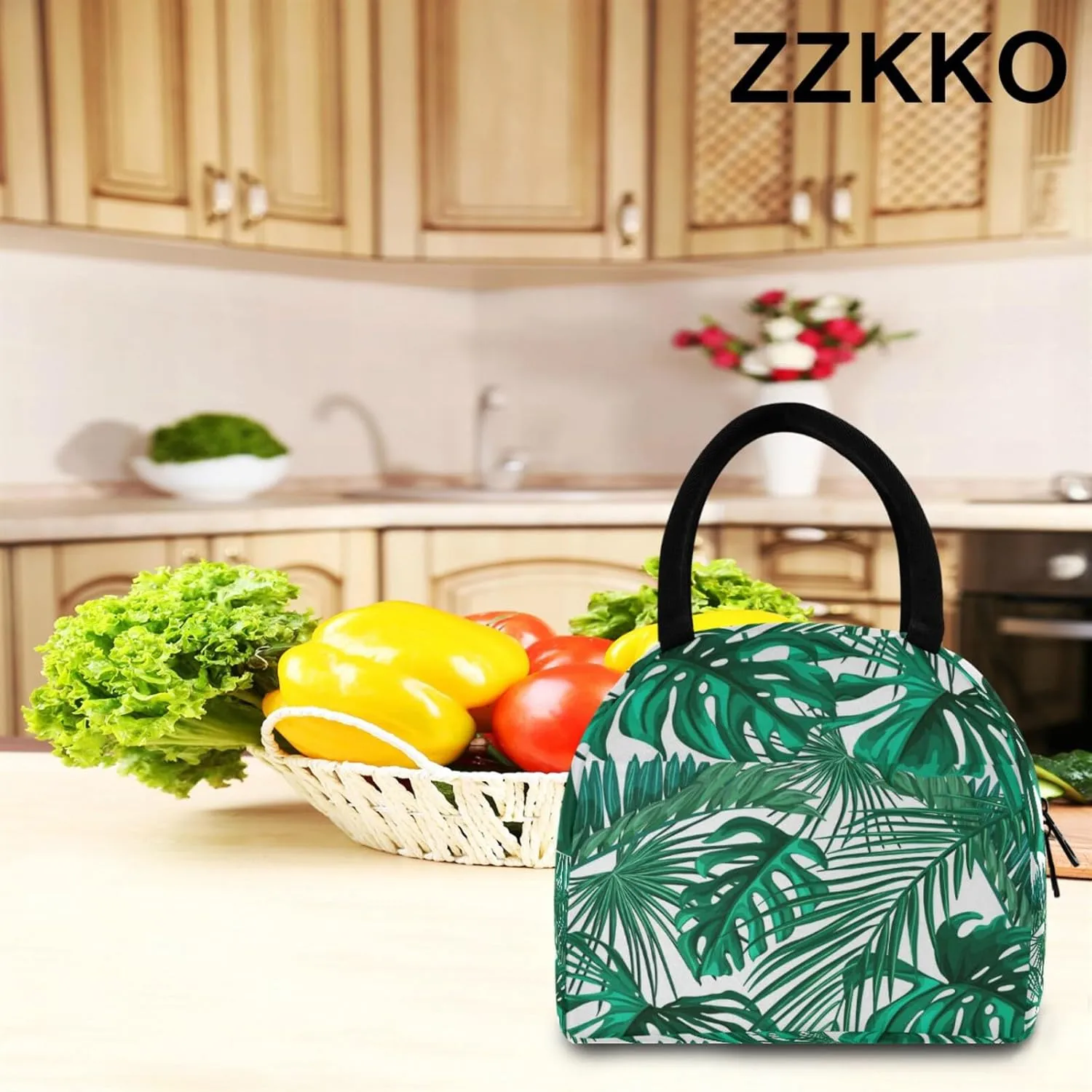 ZZKKO Green Palm Leaf Lunch Bag Box Tote Organizer Lunch Container Insulated Zipper Meal Prep Cooler Handbag For Women Men Home School Office Outdoor Use