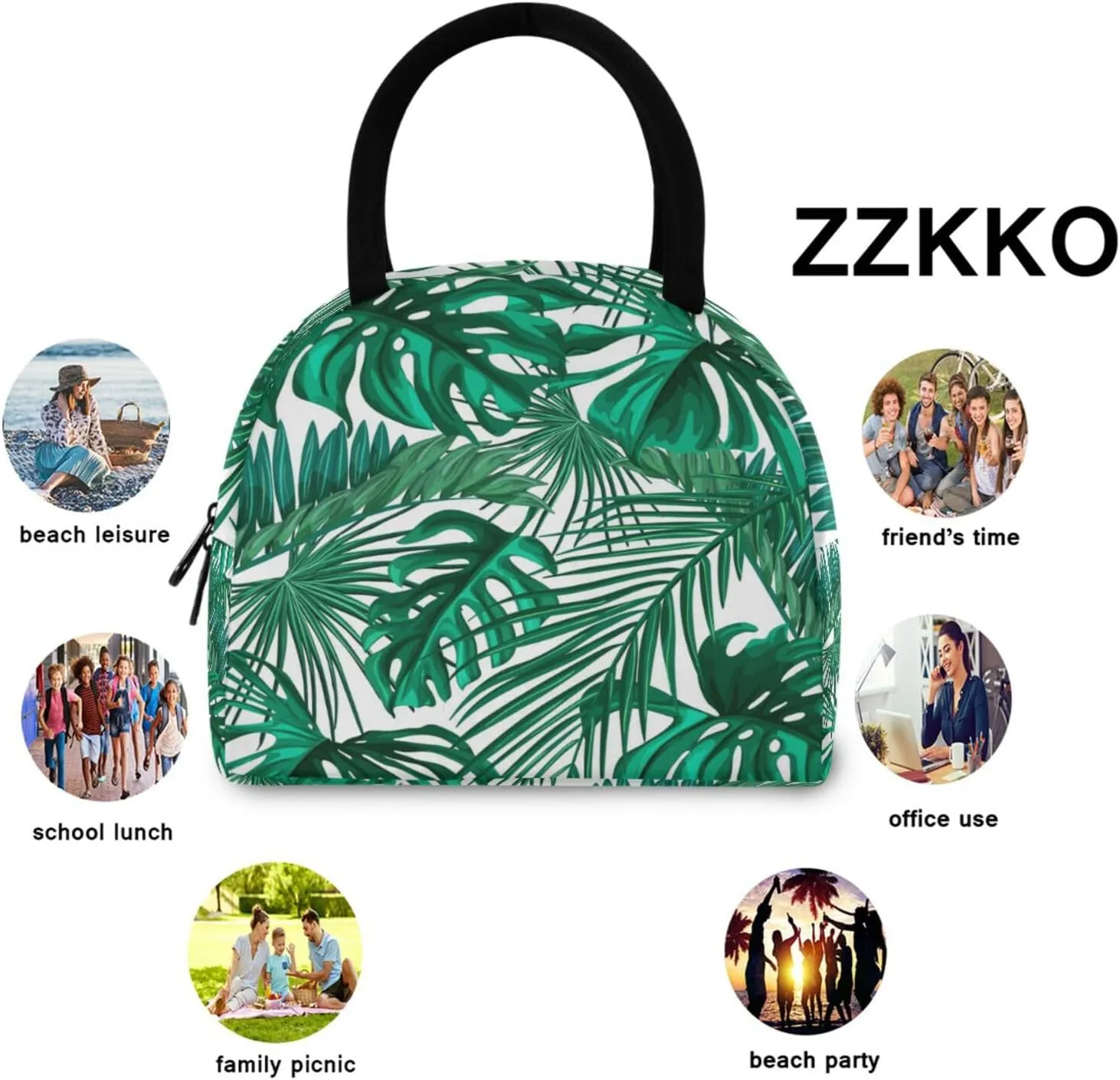 ZZKKO Green Palm Leaf Lunch Bag Box Tote Organizer Lunch Container Insulated Zipper Meal Prep Cooler Handbag For Women Men Home School Office Outdoor Use